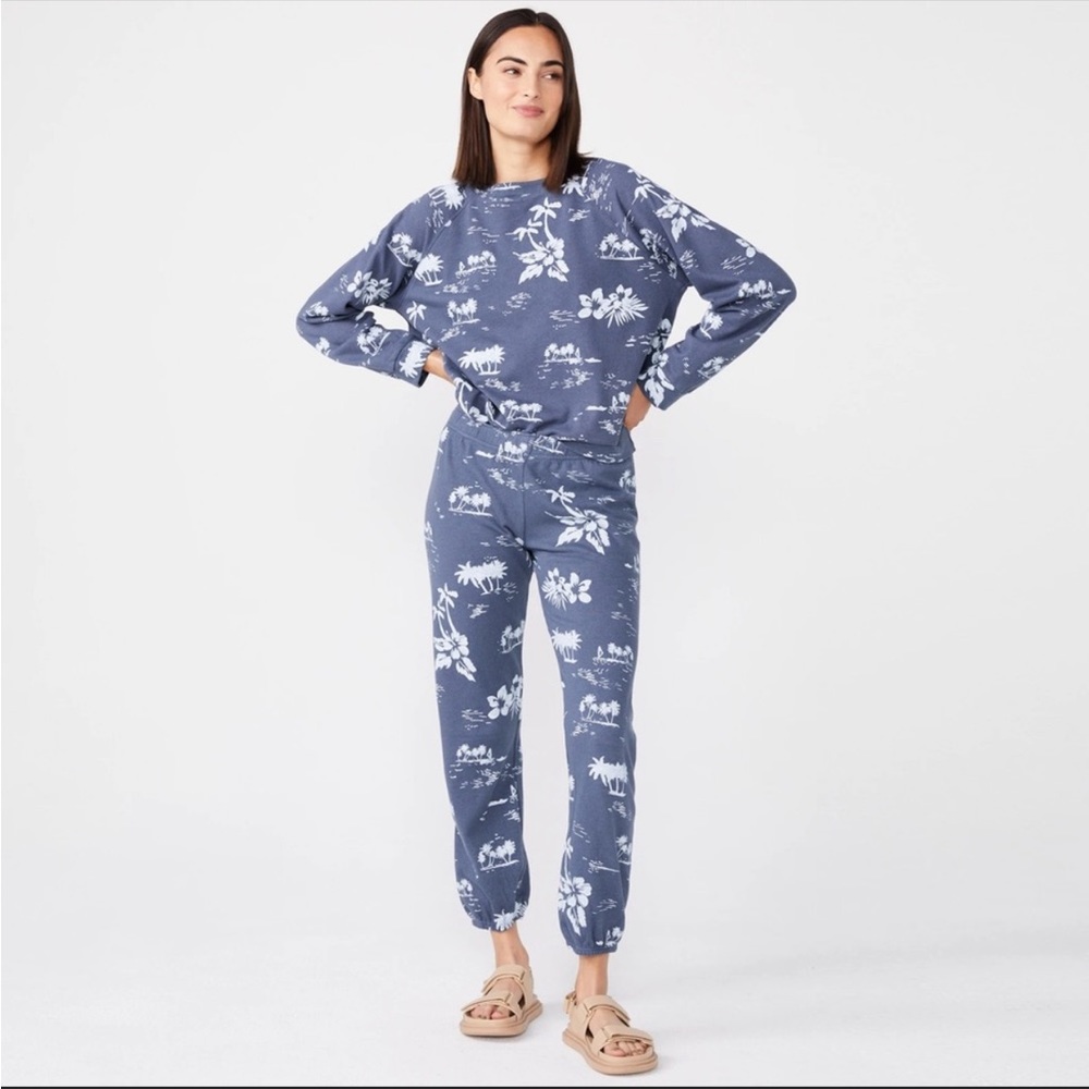 $128 NWT Monrow Revolve Hawaiian Elastic Waist Sweatpants in Blue Steel XS
